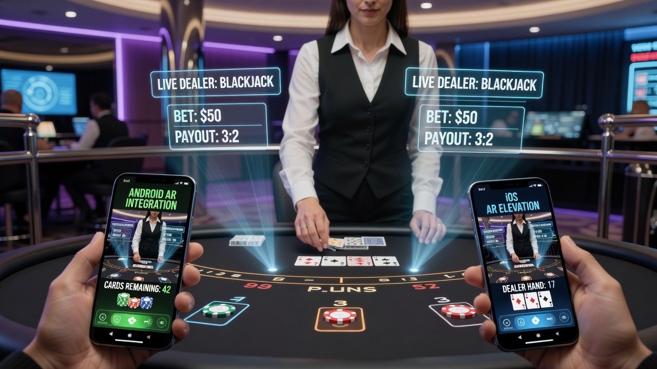 Player using augmented reality features to place virtual bets during a live roulette session on an iOS casino application