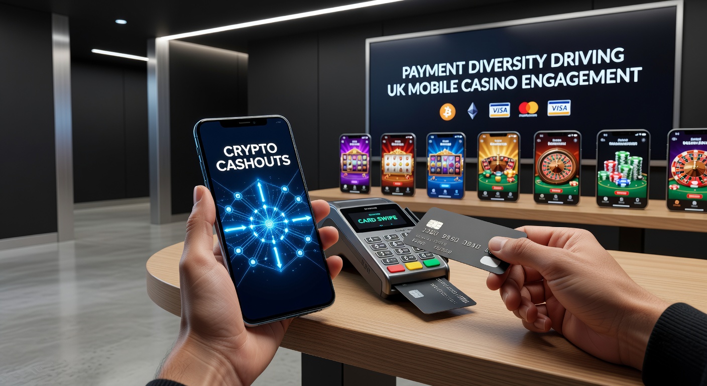 Close-up of a hand swiping a debit card on a mobile casino app screen, with crypto coin animations bursting in the background