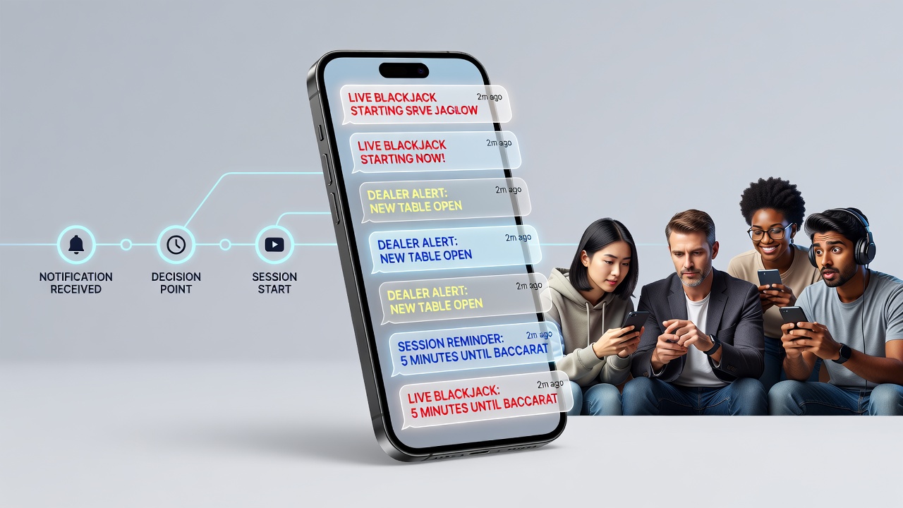 Live dealer interface on smartphone with notification overlay showing session extension prompts