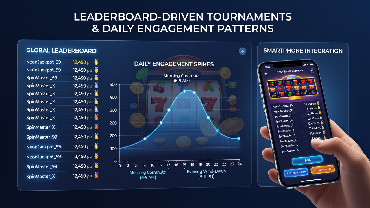 Graph showing daily engagement peaks aligned with leaderboard update times on mobile slot apps