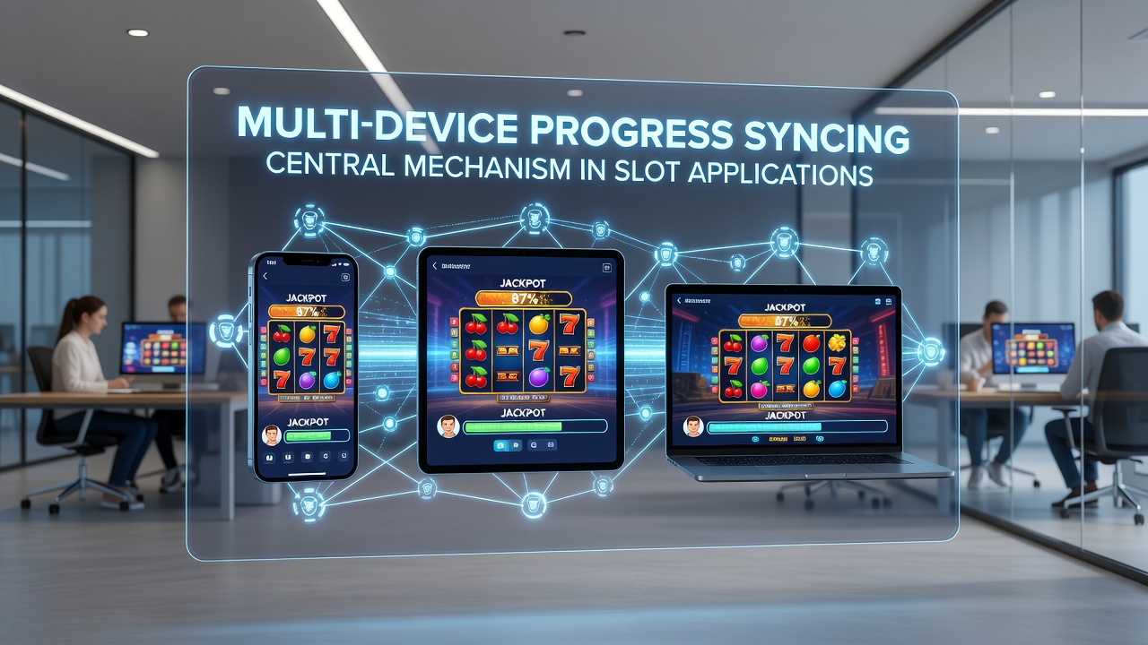 Illustration of cloud servers syncing slot game states, levels, and rewards across multiple devices