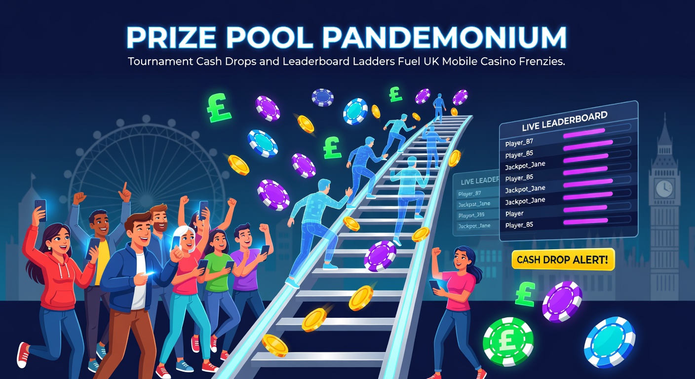 Dynamic screenshot of a UK mobile casino app tournament interface, highlighting cash drop alerts, prize pool totals, and a crowded leaderboard with player avatars racing upward