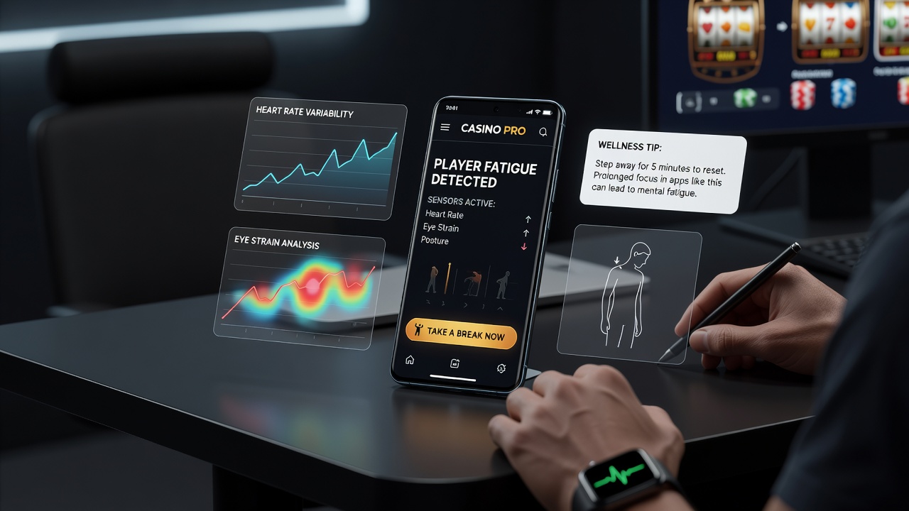 Close-up of smartphone sensors and casino app notification prompting a break