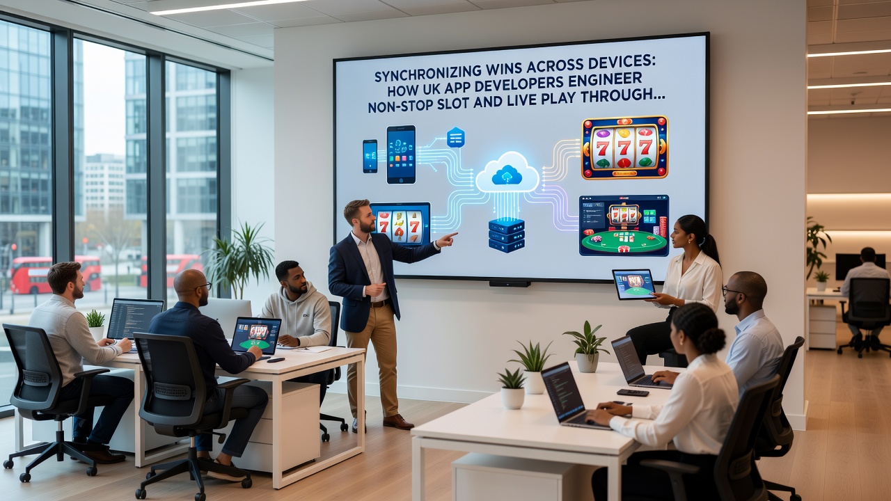 Developers monitoring cloud dashboards that track live slot wins and player progress across devices