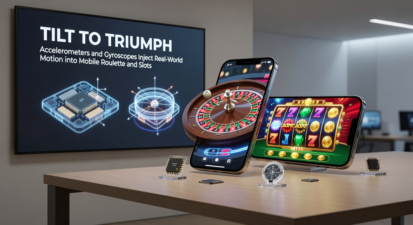 Close-up of a hand tilting a mobile device to activate a slot machine bonus, with gyroscope trails and accelerometer graphs overlaying exploding reels and jackpot symbols